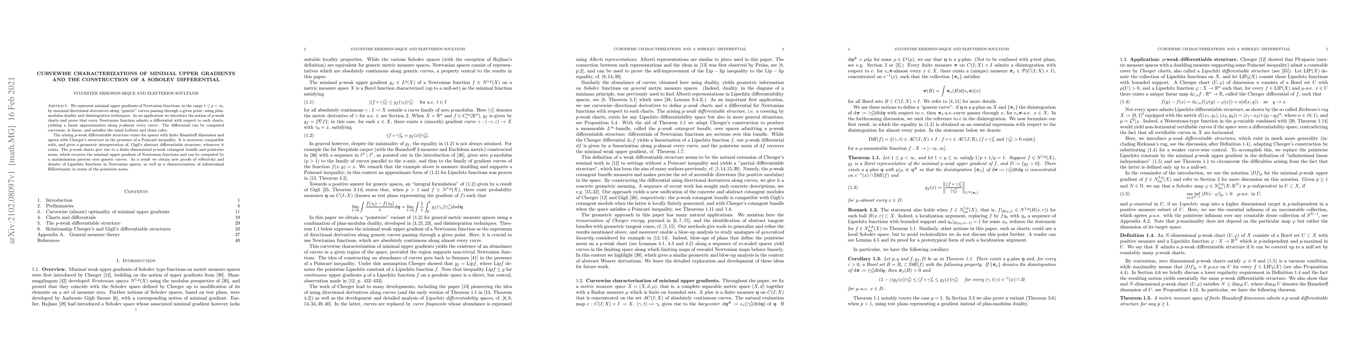 Thumbnail for Curvewise characterizations of minimal upper gradients and the
  construction of a Sobolev differential