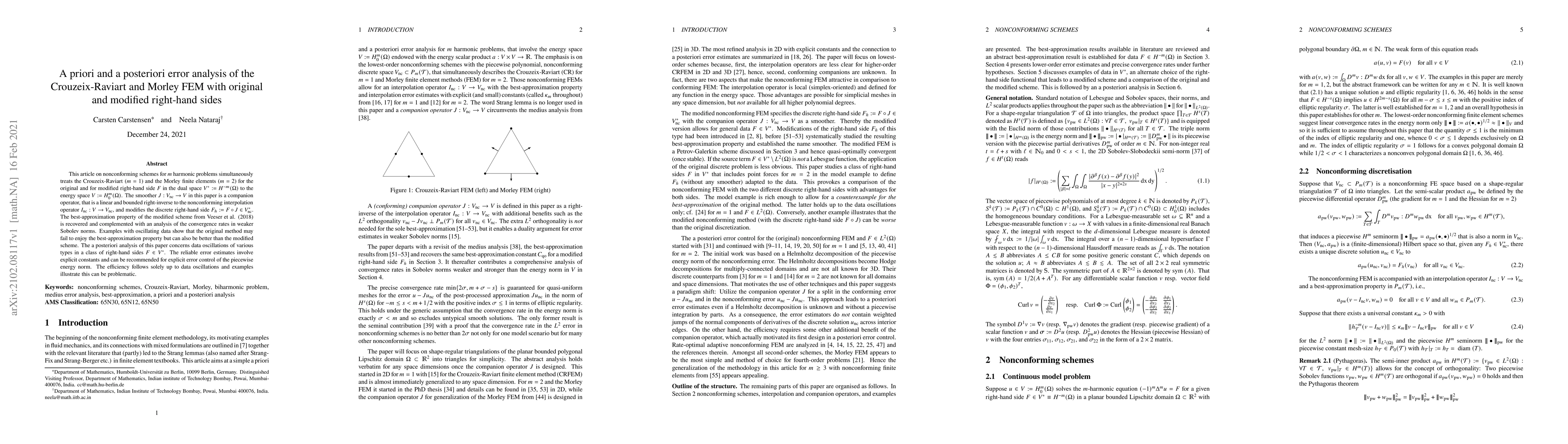 Thumbnail for A priori and a posteriori error analysis of the Crouzeix-Raviart and
  Morley FEM with original and modified righthand sides