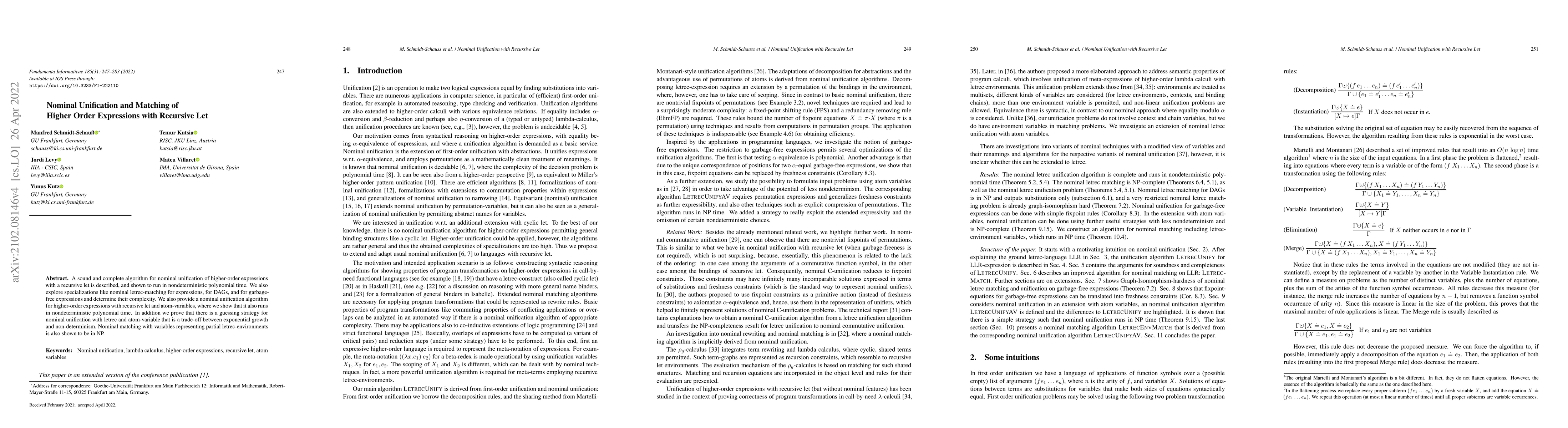Thumbnail for Nominal Unification and Matching of Higher Order Expressions with
  Recursive Let