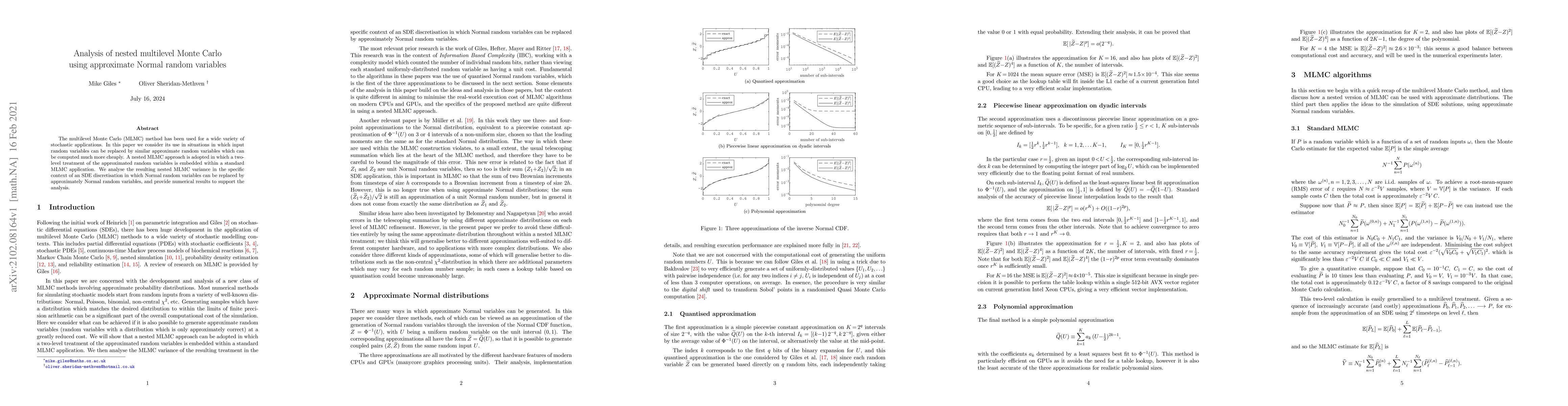 Thumbnail for Analysis of nested multilevel Monte Carlo using approximate Normal
  random variables