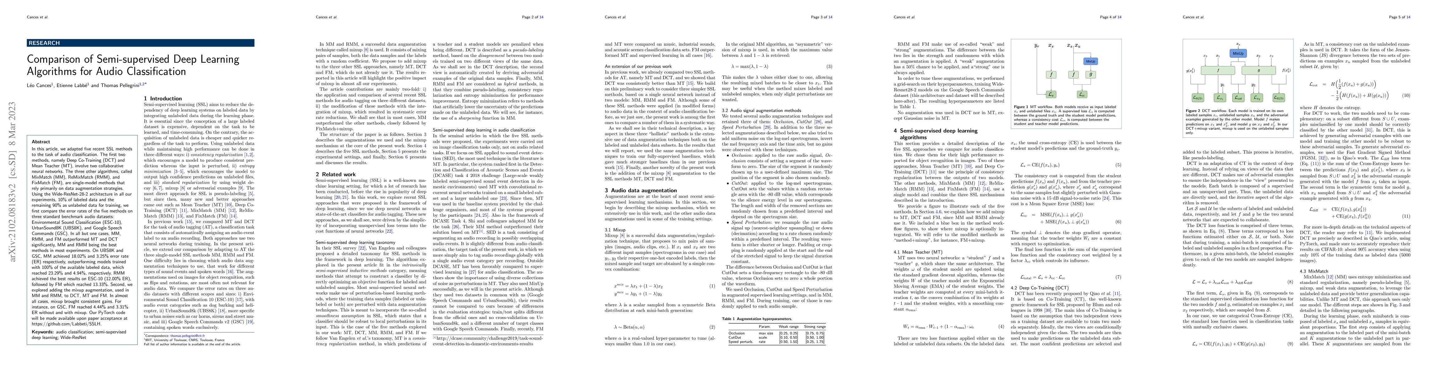 Thumbnail for Comparison of semi-supervised deep learning algorithms for audio
  classification