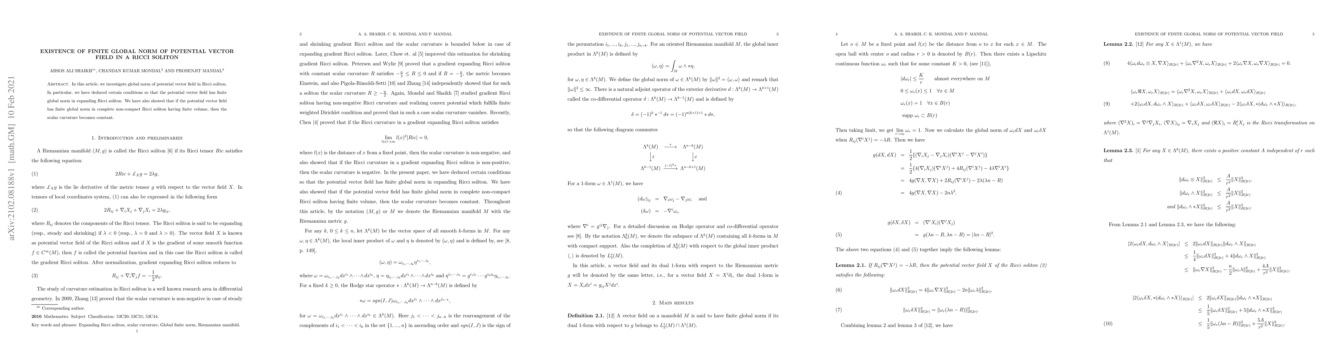 Thumbnail for Existence of finite global norm of potential vector field in a Ricci
  soliton