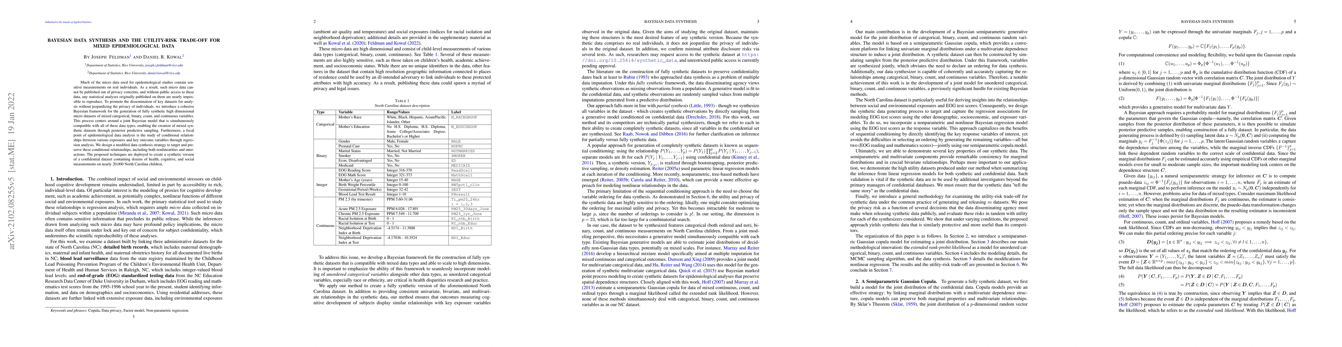 Thumbnail for Bayesian Data Synthesis and the Utility-Risk Trade-Off for Mixed
  Epidemiological Data