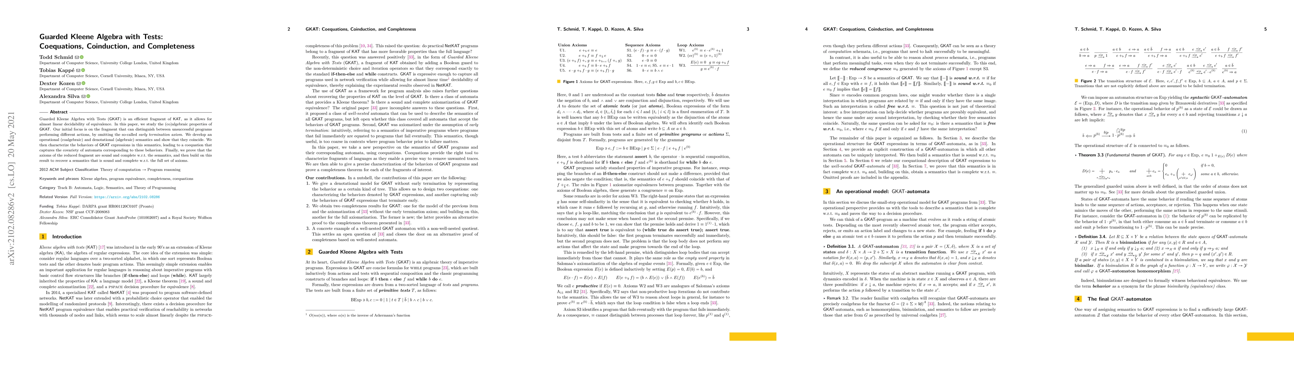 Thumbnail for Guarded Kleene Algebra with Tests: Coequations, Coinduction, and
  Completeness
