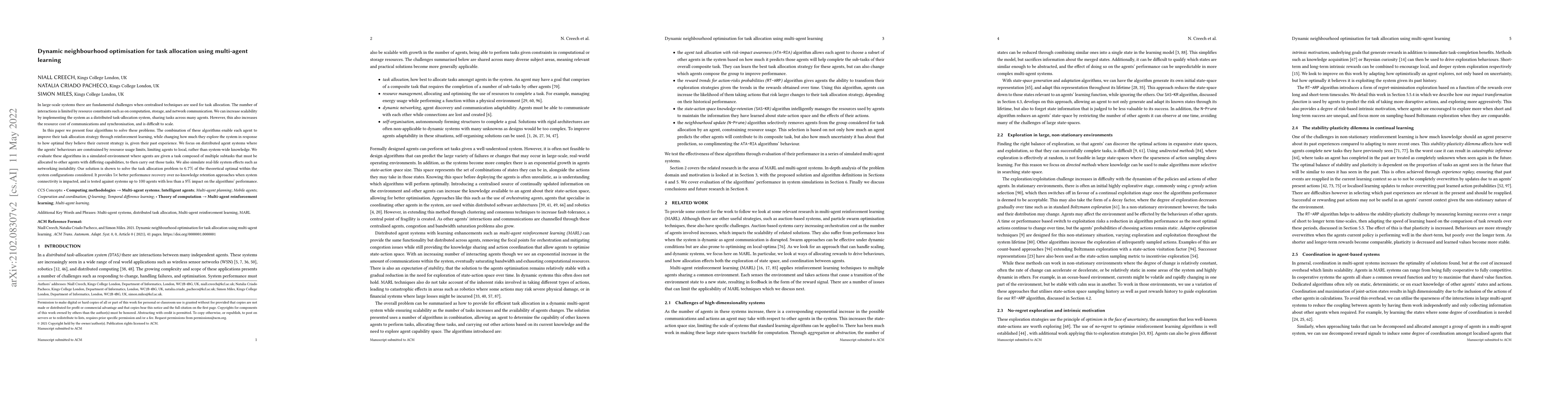 Thumbnail for Dynamic neighbourhood optimisation for task allocation using multi-agent