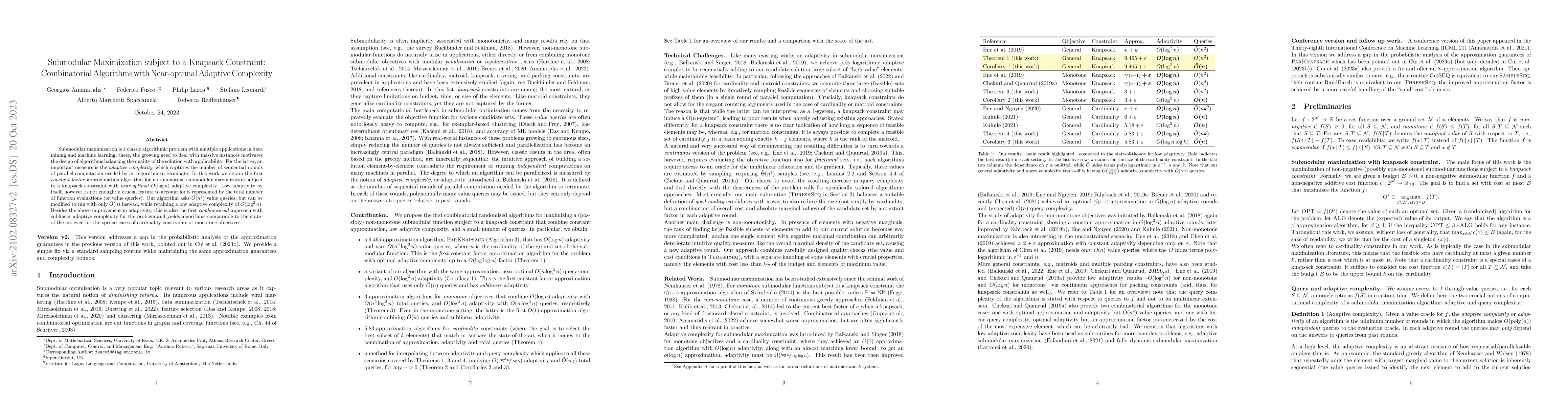 Thumbnail for Submodular Maximization subject to a Knapsack Constraint: Combinatorial
  Algorithms with Near-optimal Adaptive Complexity