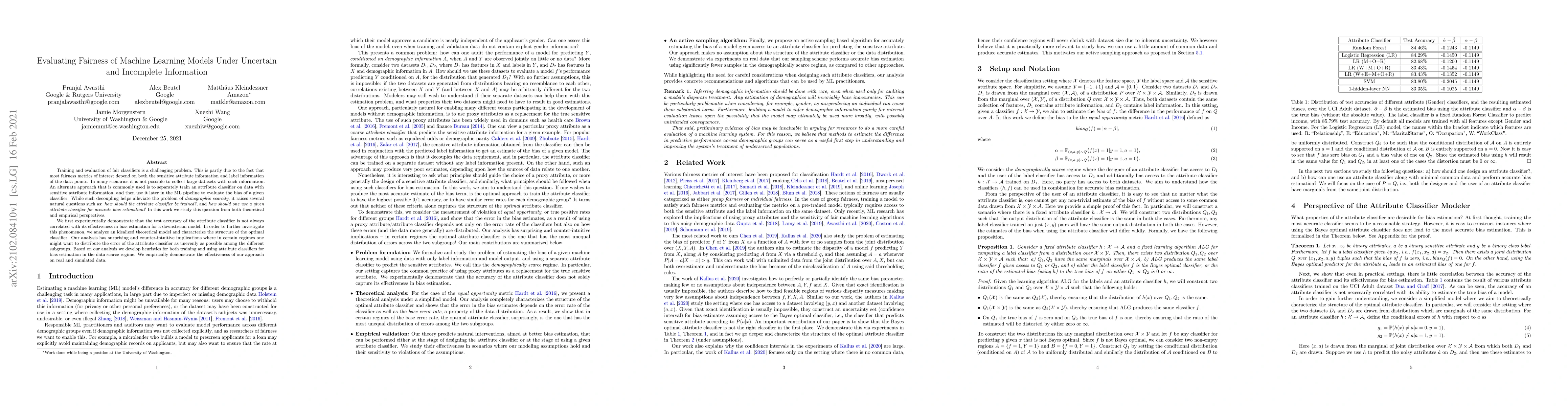 Thumbnail for Evaluating Fairness of Machine Learning Models Under Uncertain and
  Incomplete Information