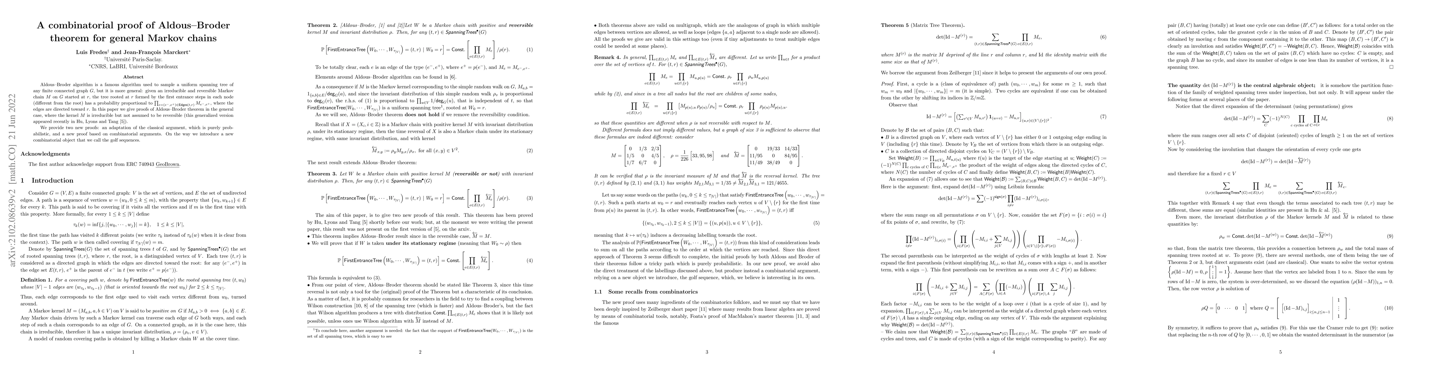Thumbnail for A combinatorial proof of Aldous-Broder theorem for general Markov chains