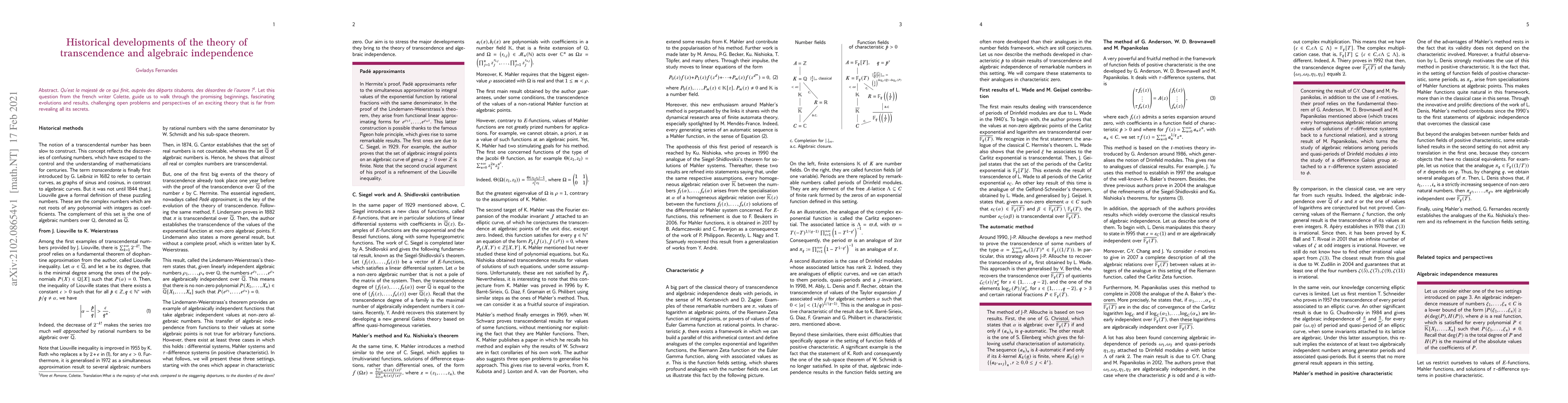 Thumbnail for Historical Developments of the Theory of Transcendence and Algebraic
  Independence