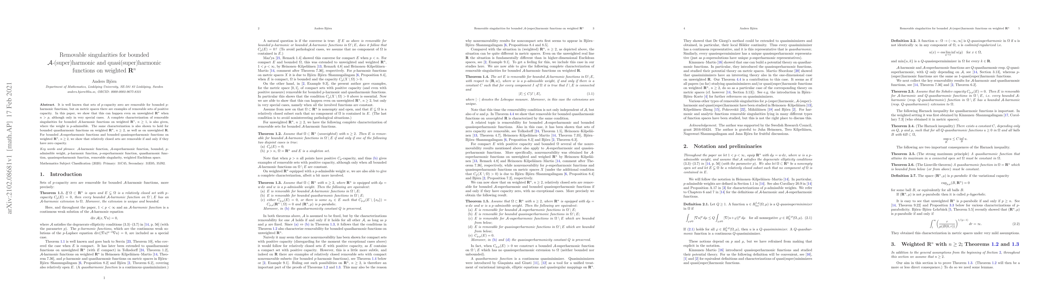Thumbnail for Removable singularities for bounded $\mathcal{A}$-(super)harmonic and
  quasi(super)harmonic functions on weighted $\mathbf{R}^n$
