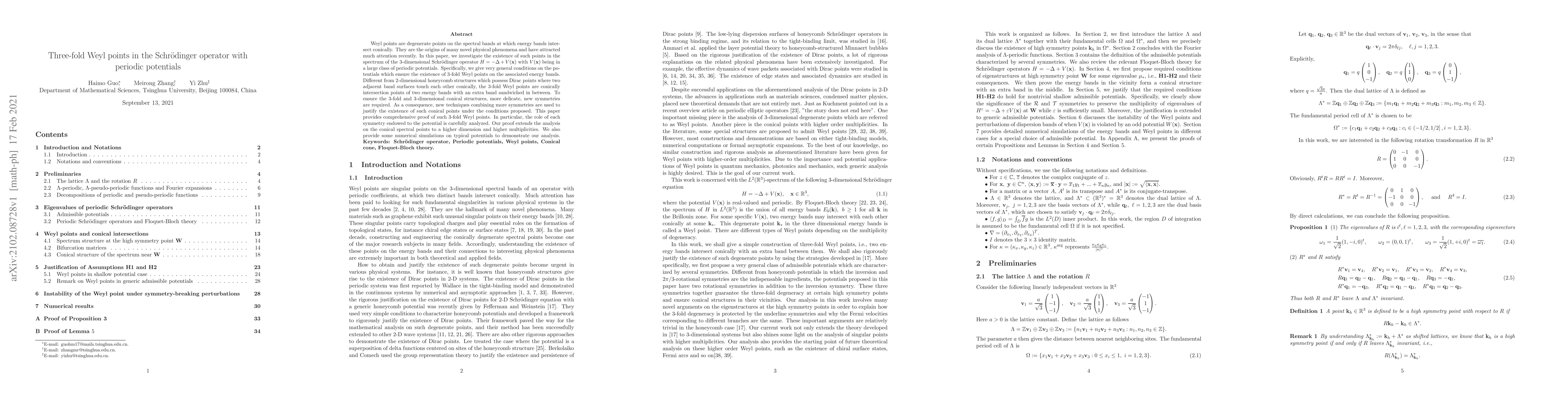 Thumbnail for Three-fold Weyl points in the Schr\"odinger operator with periodic
  potentials