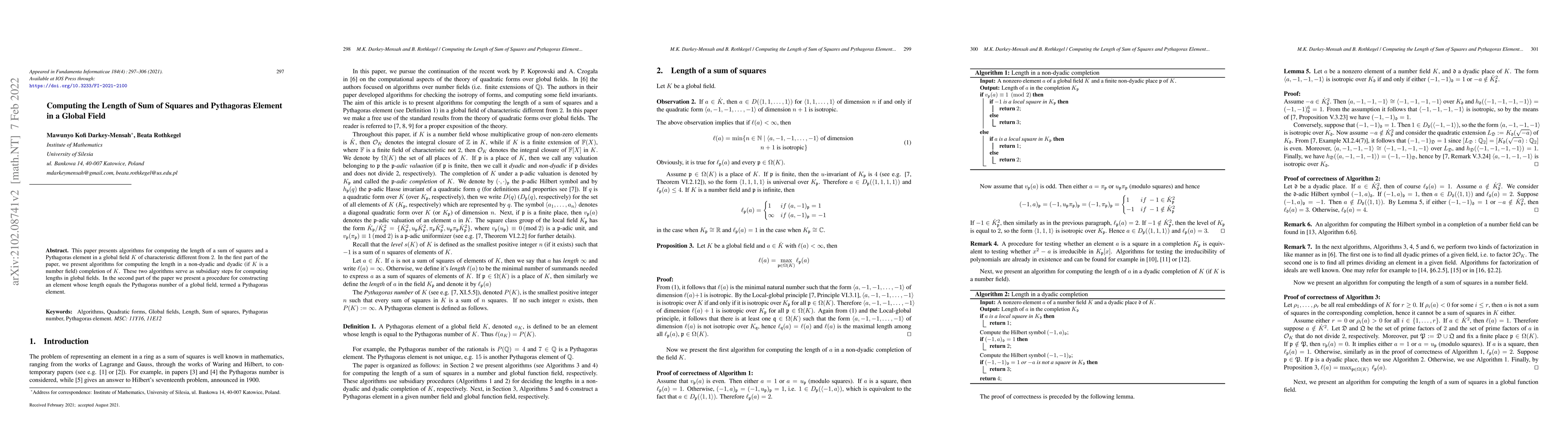 Thumbnail for Computing the Length of Sum of Squares and Pythagoras Element in a
  Global Field