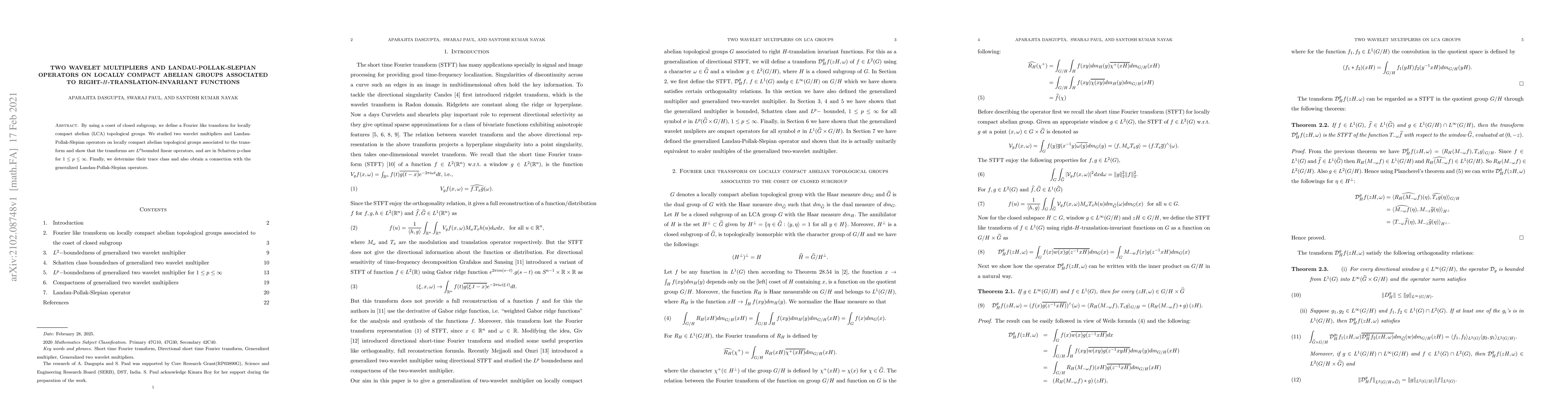 Thumbnail for Two wavelet multipliers and Landau-Pollak-Slepian operators on locally
  compact abelian groups associated to right-$H$-translation-invariant
  functions