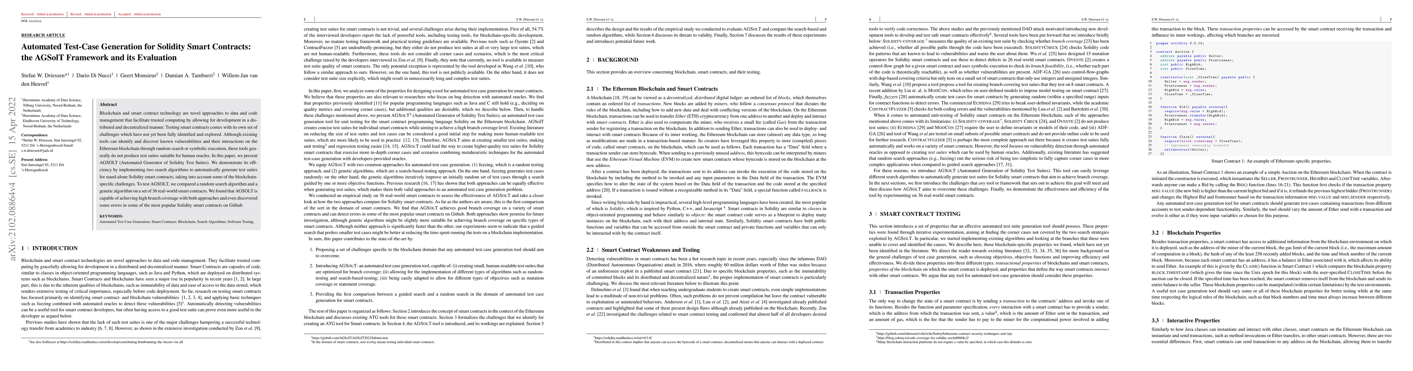 Thumbnail for Automated Test-Case Generation for Solidity Smart Contracts: the AGSolT
  Approach and its Evaluation