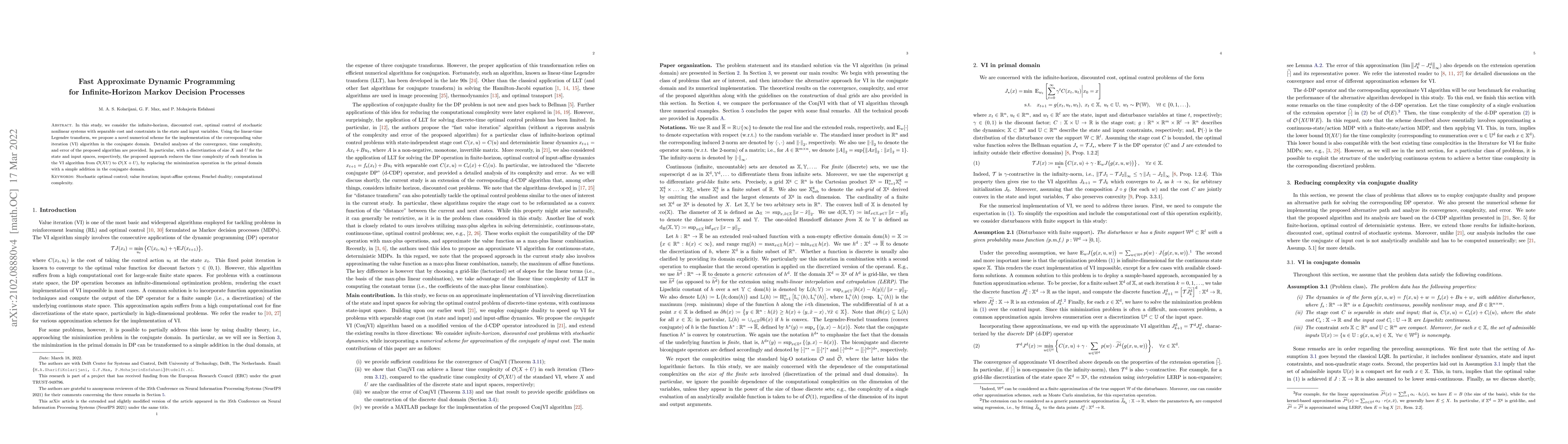Thumbnail for Fast Approximate Dynamic Programming for Infinite-Horizon Markov
  Decision Processes