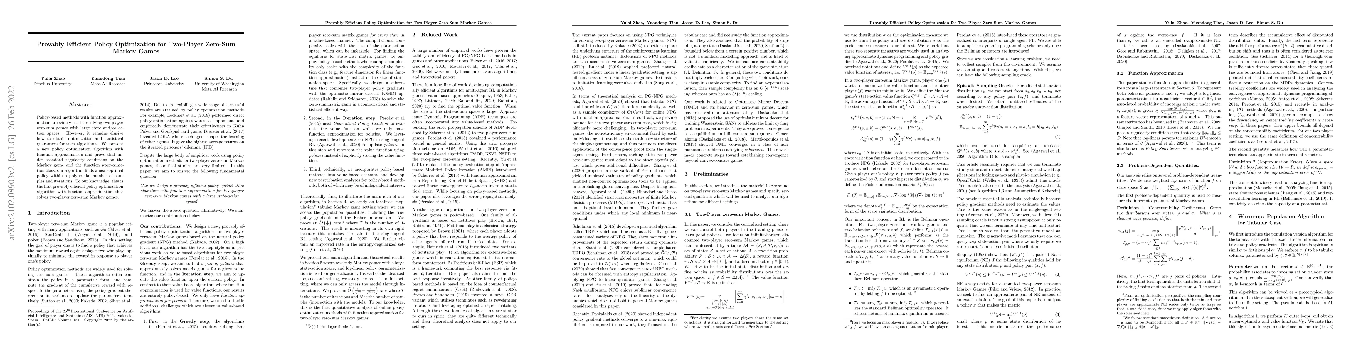 Thumbnail for Provably Efficient Policy Optimization for Two-Player Zero-Sum Markov
  Games
