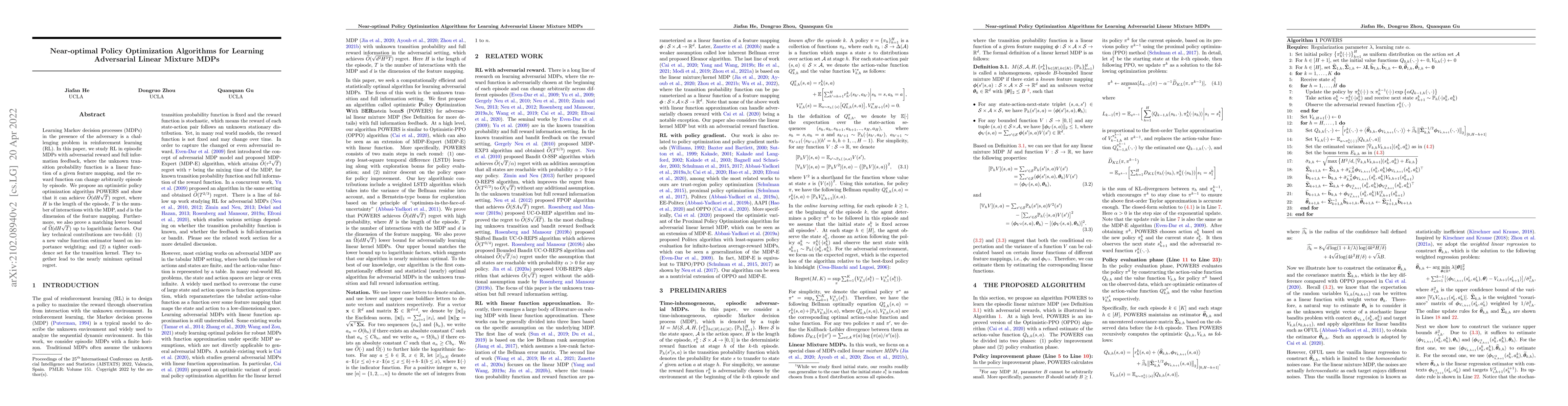Thumbnail for Near-optimal Policy Optimization Algorithms for Learning Adversarial
  Linear Mixture MDPs
