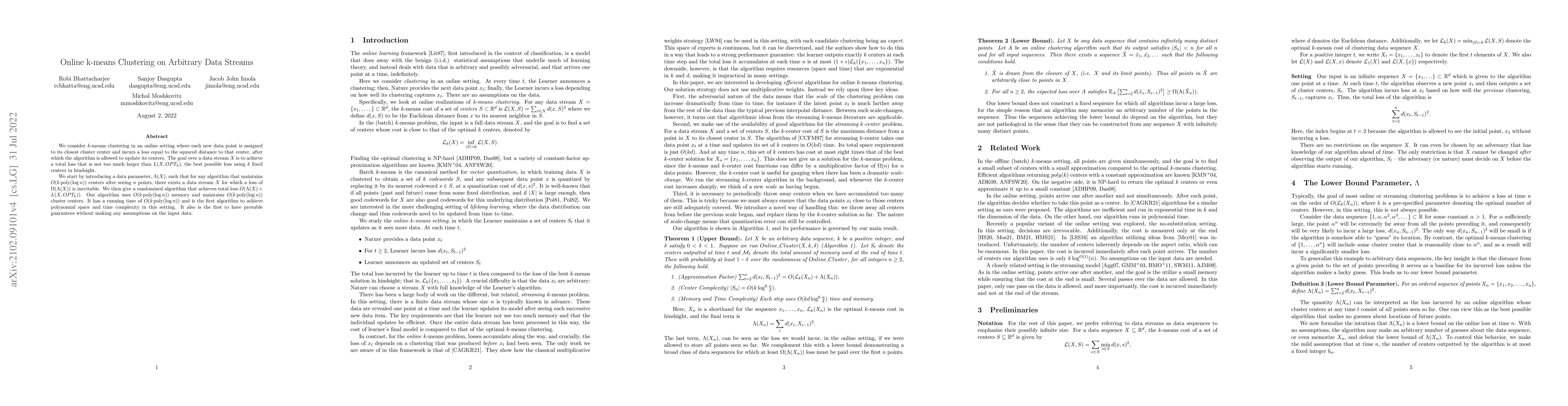 Thumbnail for Online $k$-means Clustering on Arbitrary Data Streams
