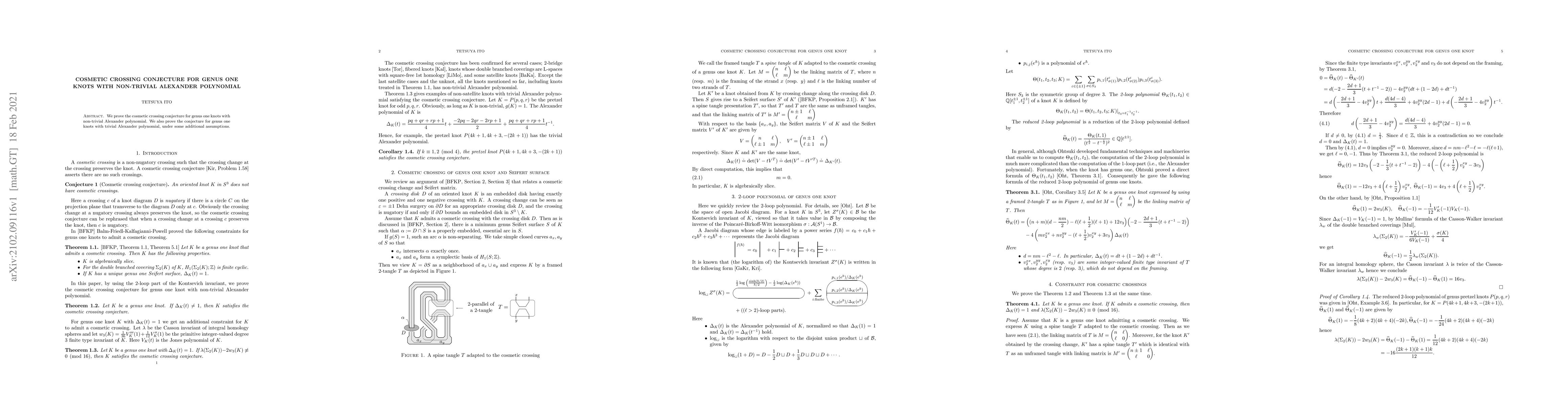 Thumbnail for Cosmetic crossing conjecture for genus one knots with non-trivial
  Alexander polynomial