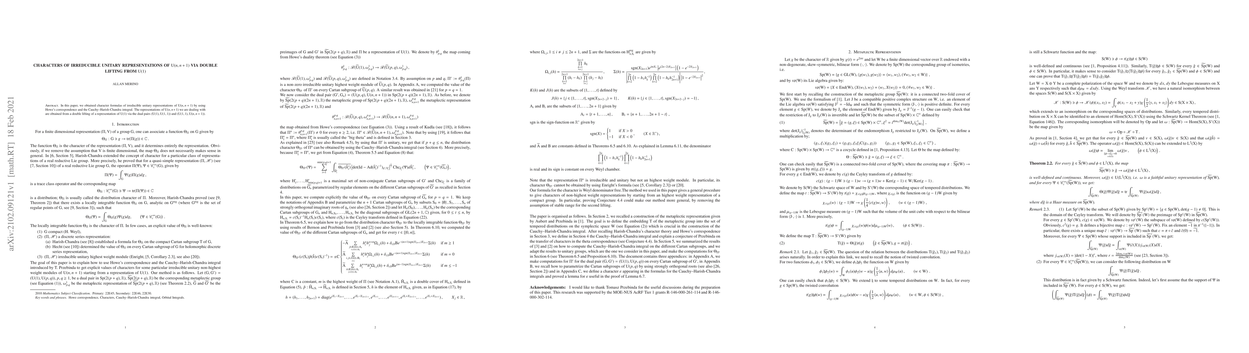 Thumbnail for Characters of irreducible unitary representations of $U(n, n+1)$ via
  double lifting from $U(1)$