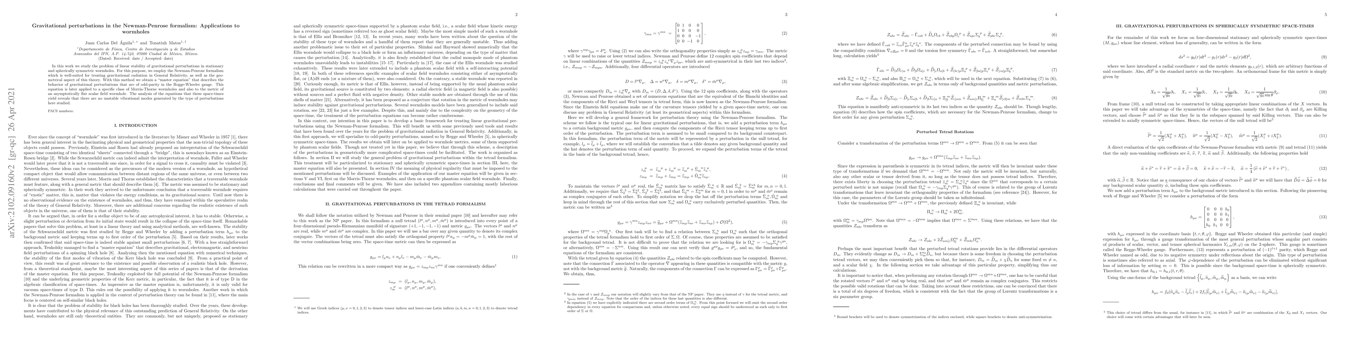 Thumbnail for Gravitational perturbations in the Newman-Penrose formalism:
  Applications to wormholes