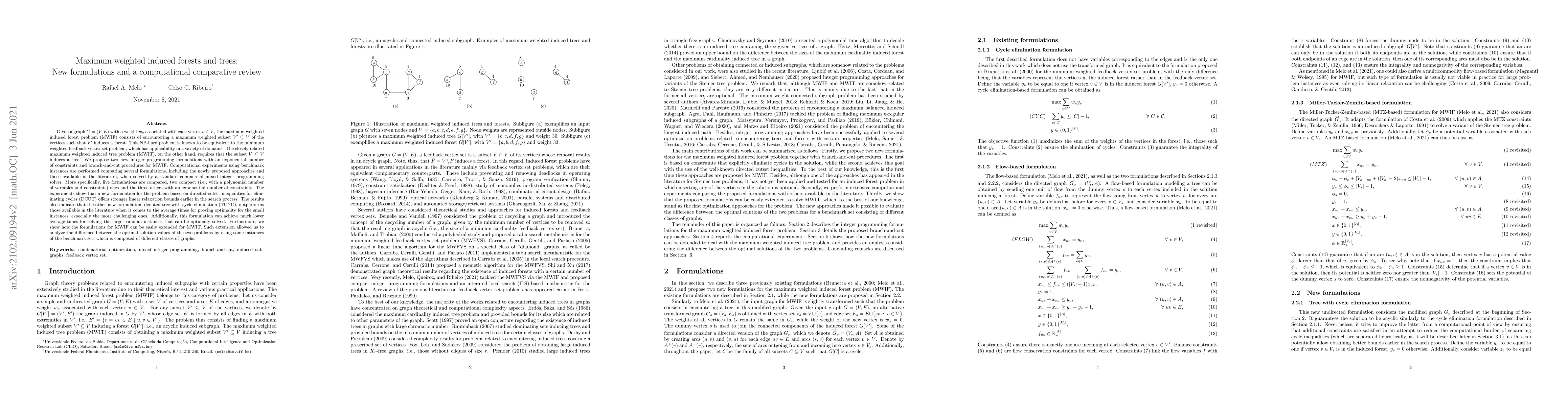 Thumbnail for Maximum weighted induced forests and trees: New formulations and a
  computational comparative review