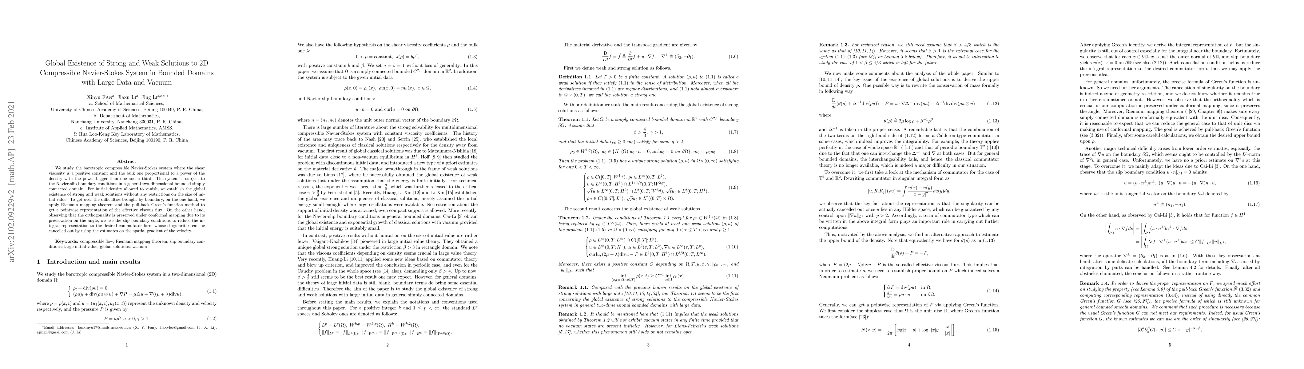 Thumbnail for Global Existence of Strong and Weak Solutions to 2D Compressible
  Navier-Stokes System in Bounded Domains with Large Data and Vacuum