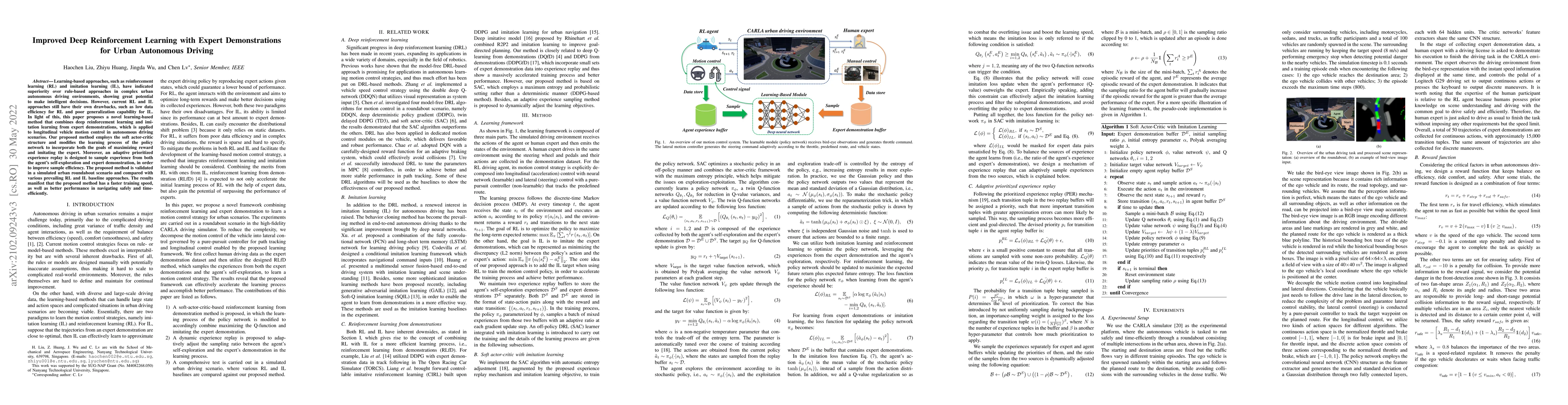 Thumbnail for Improved Deep Reinforcement Learning with Expert Demonstrations for
  Urban Autonomous Driving