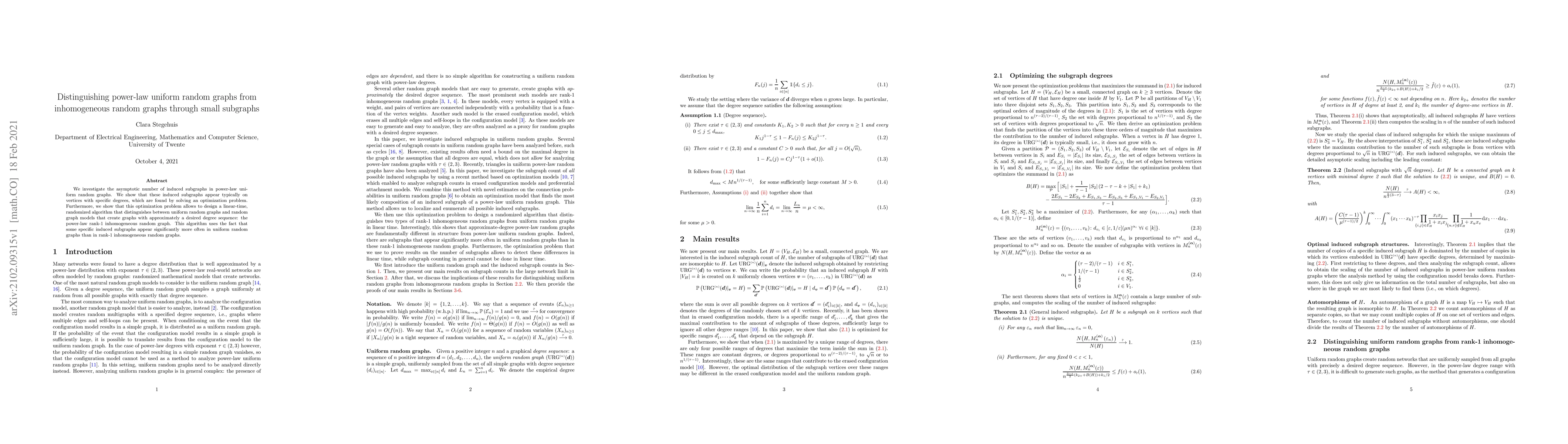 Thumbnail for Distinguishing power-law uniform random graphs from inhomogeneous random
  graphs through small subgraphs