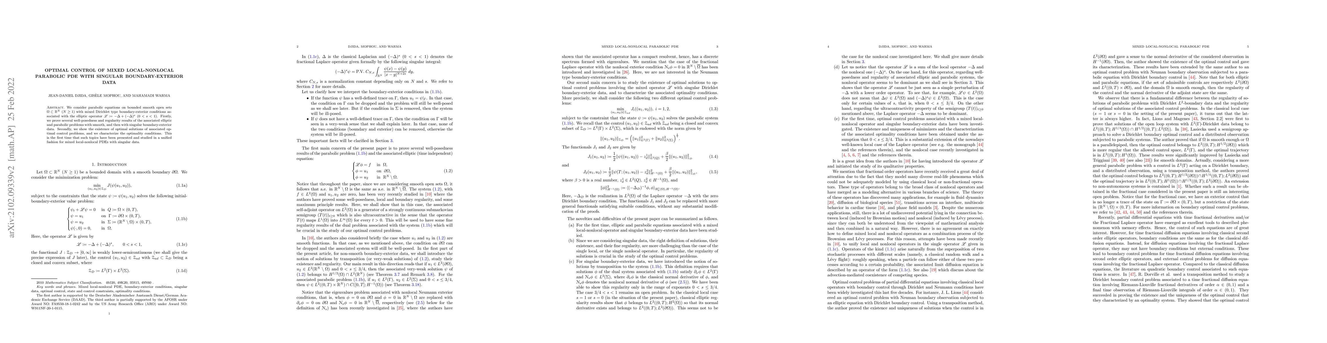 Thumbnail for Optimal control of mixed local-nonlocal parabolic PDE with singular
  boundary-exterior data