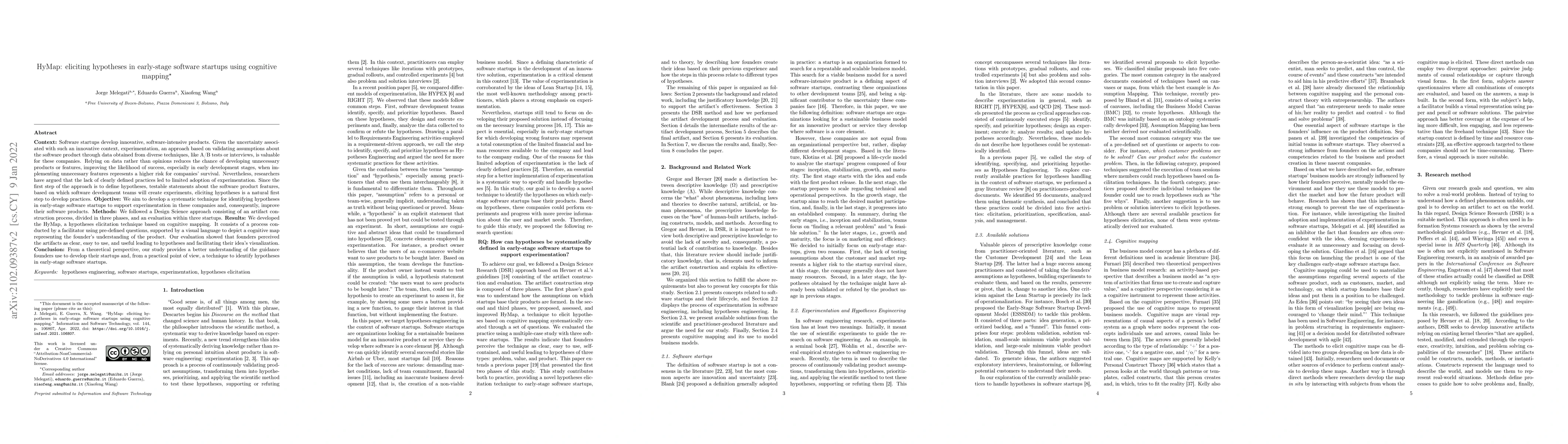 Thumbnail for HyMap: eliciting hypotheses in early-stage software startups using
  cognitive mapping