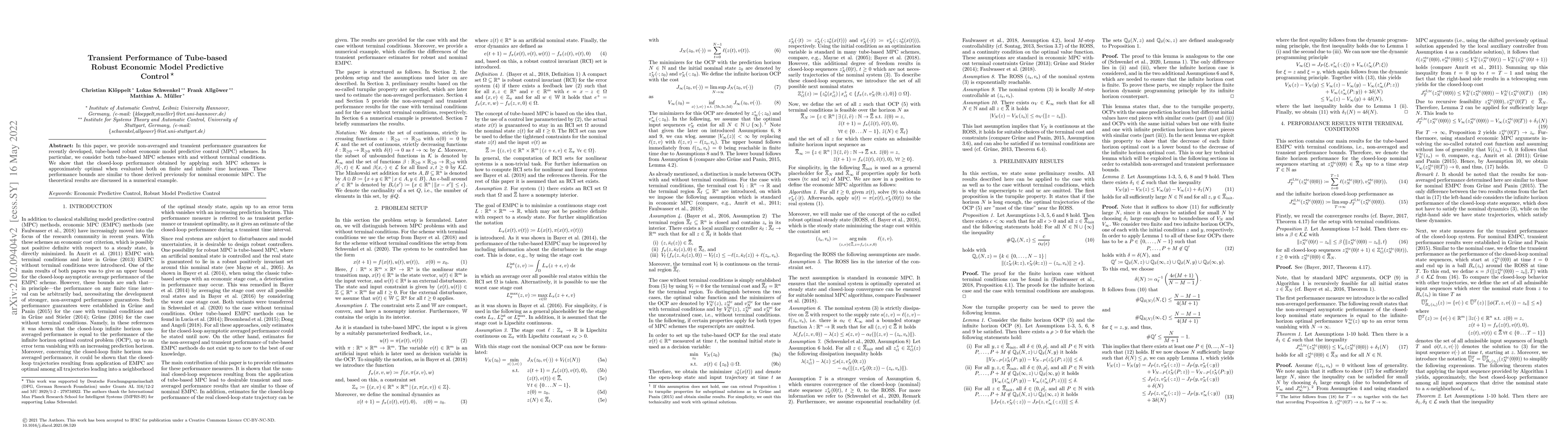 Thumbnail for Transient Performance of Tube-based Robust Economic Model Predictive
  Control