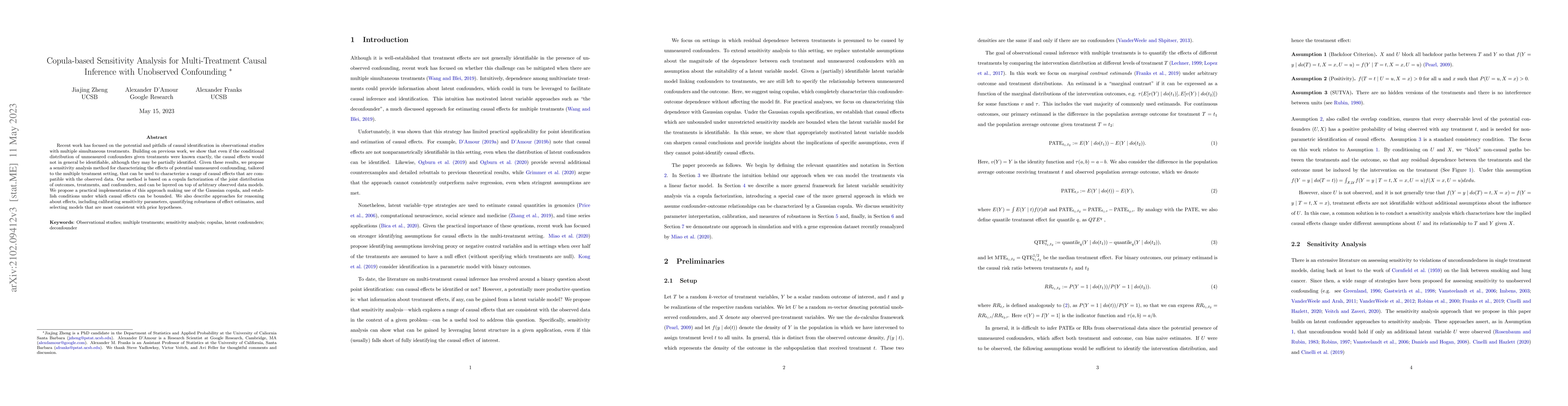 Thumbnail for Copula-based Sensitivity Analysis for Multi-Treatment Causal Inference
  with Unobserved Confounding