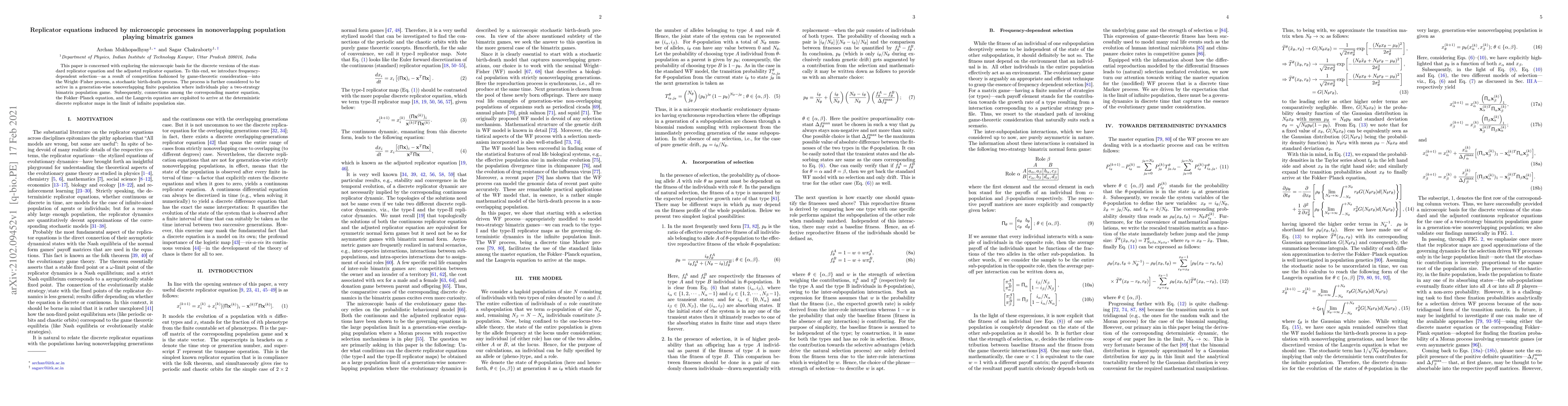 Thumbnail for Replicator equations induced by microscopic processes in nonoverlapping
  population playing bimatrix games