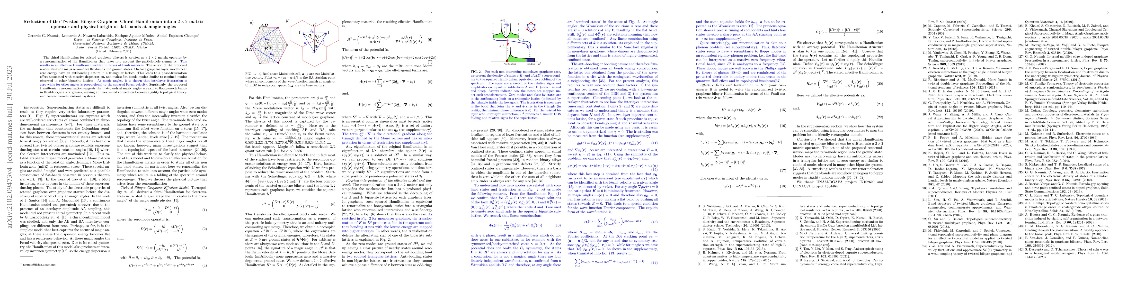 Thumbnail for Reduction of the Twisted Bilayer Graphene Chiral Hamiltonian into a
  $2\times2$ matrix operator and physical origin of flat-bands at magic angles