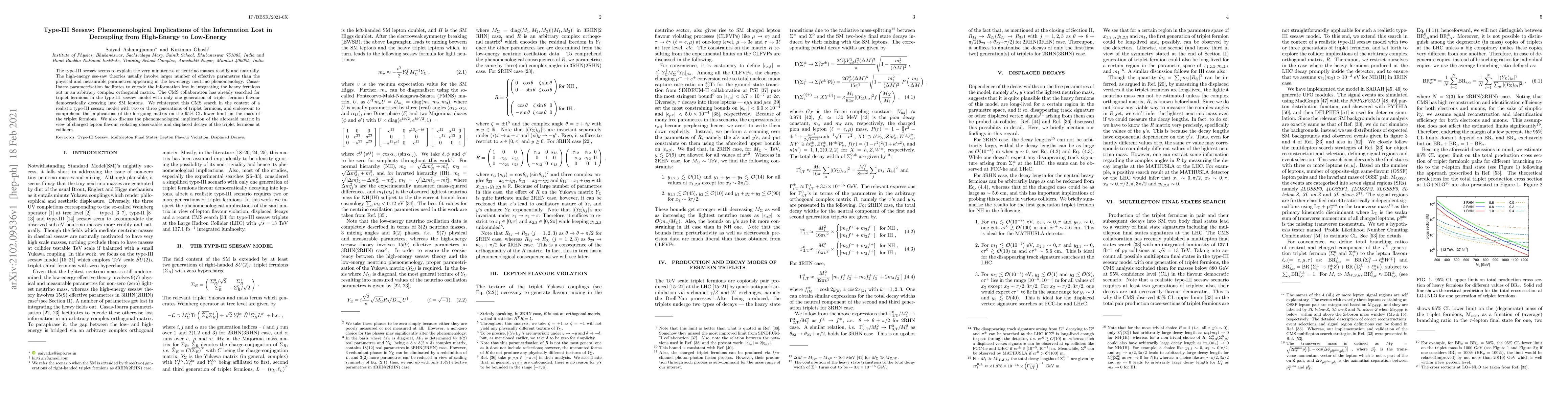 Thumbnail for Type-III Seesaw: Phenomenological Implications of the Information Lost
  in Decoupling from High-Energy to Low-Energy