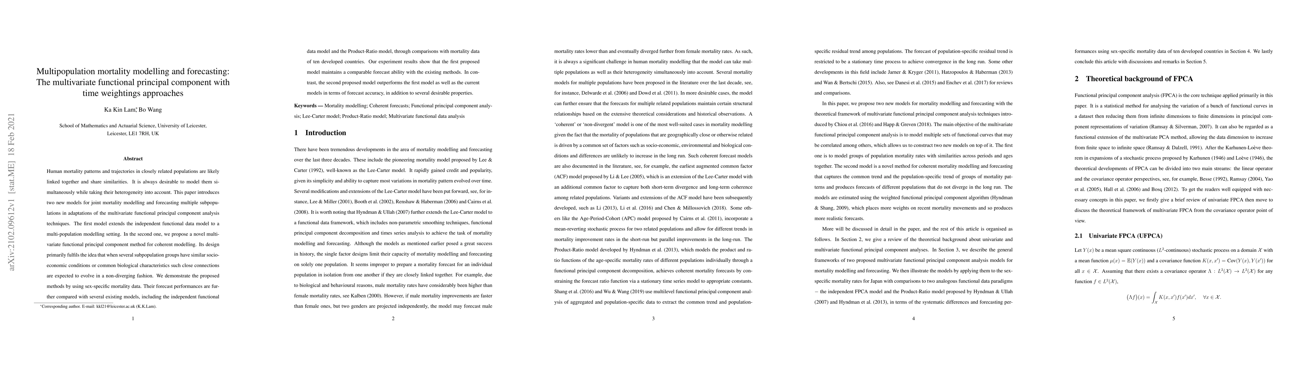 Thumbnail for Multipopulation mortality modelling and forecasting: The multivariate
  functional principal component with time weightings approaches