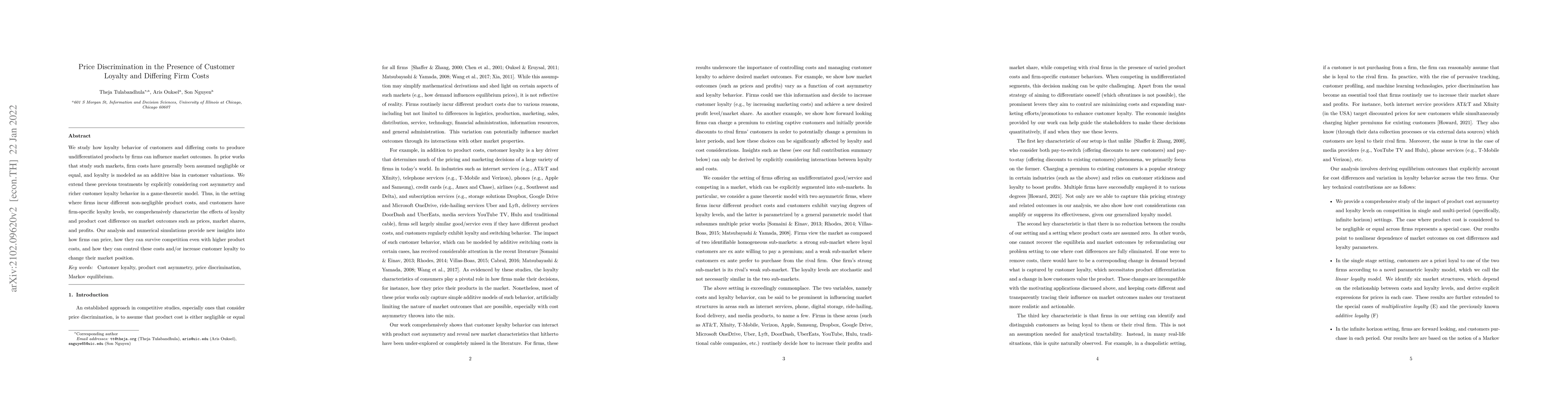 Thumbnail for Price Discrimination in the Presence of Customer Loyalty and Differing
  Firm Costs