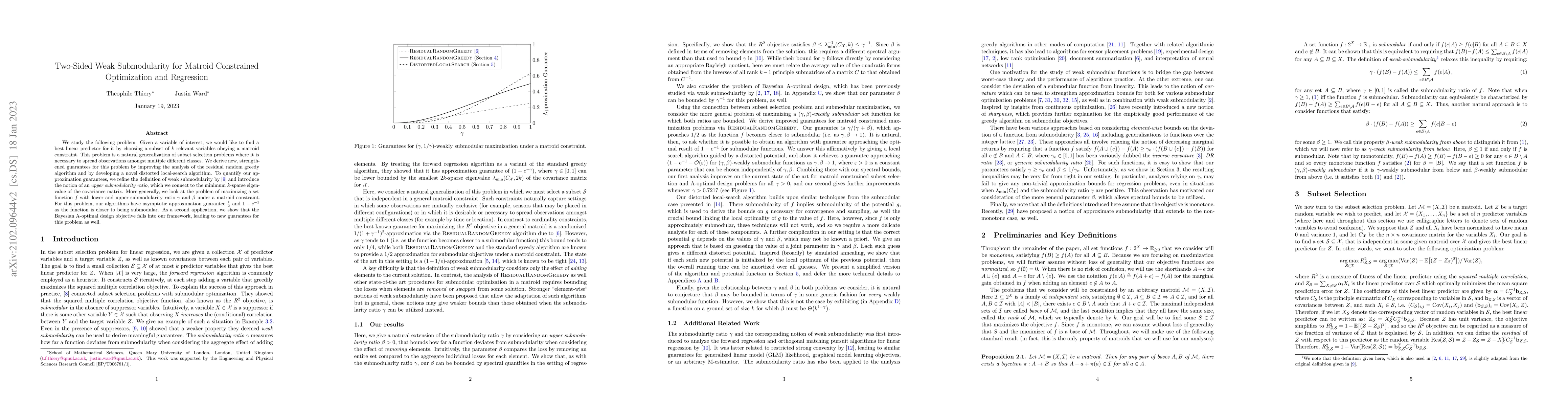 Thumbnail for Two-Sided Weak Submodularity for Matroid Constrained Optimization and
  Regression