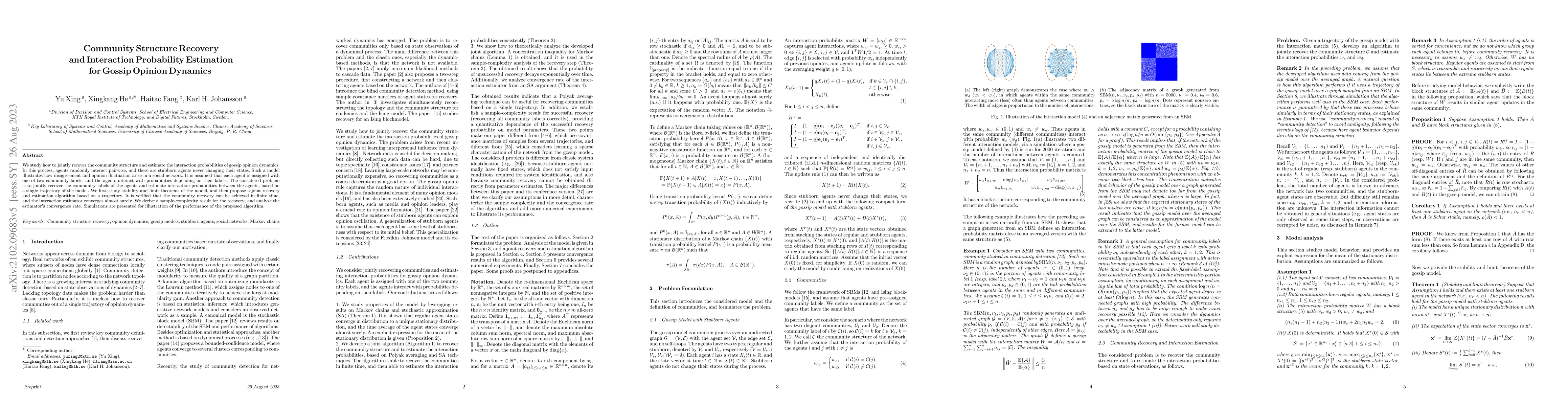 Thumbnail for Community Structure Recovery and Interaction Probability Estimation for
  Gossip Opinion Dynamics