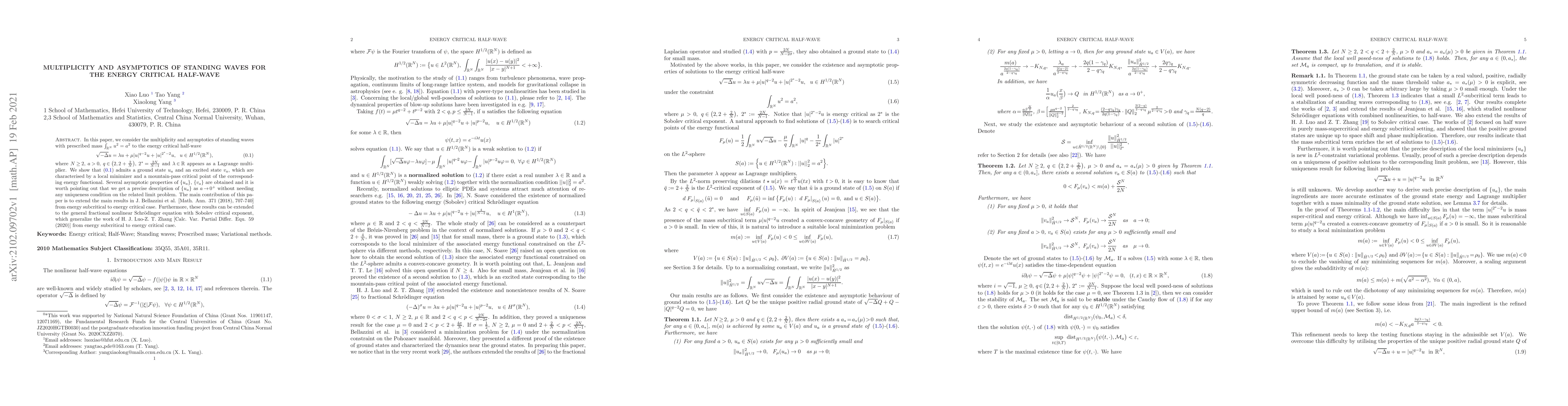 Thumbnail for Multiplicity and asymptotics of standing waves for the energy critical
  half-wave