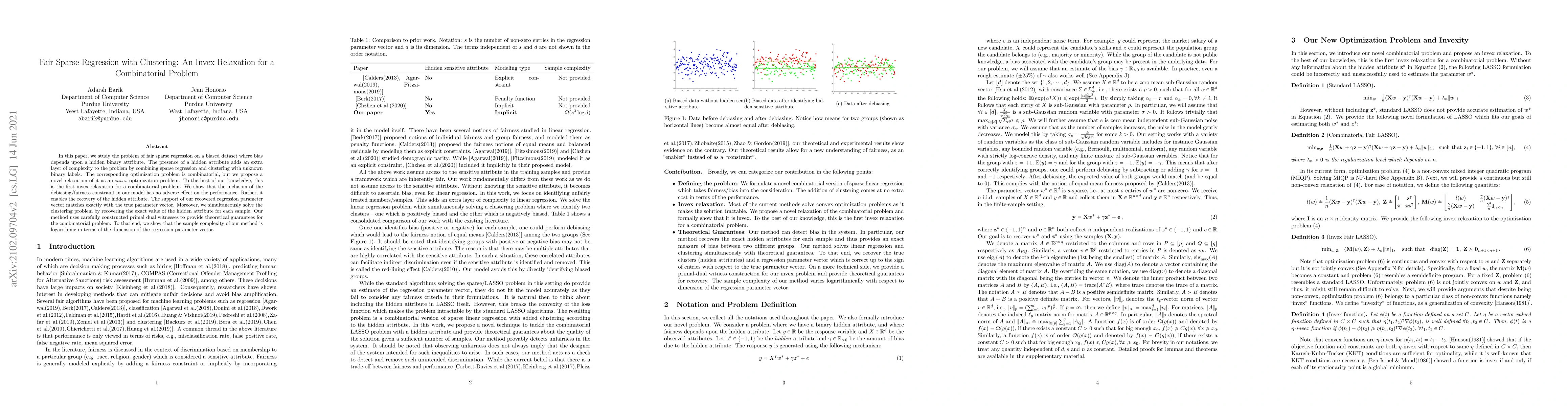 Thumbnail for Fair Sparse Regression with Clustering: An Invex Relaxation for a
  Combinatorial Problem