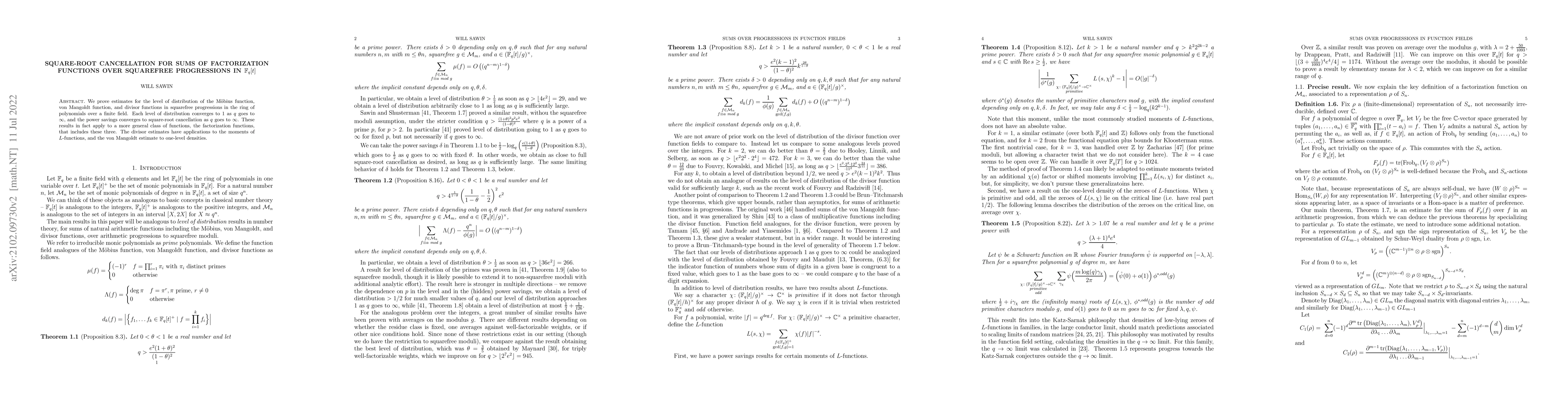 Thumbnail for Square-root cancellation for sums of factorization functions over
  squarefree progressions in $\mathbb F_q[t]$