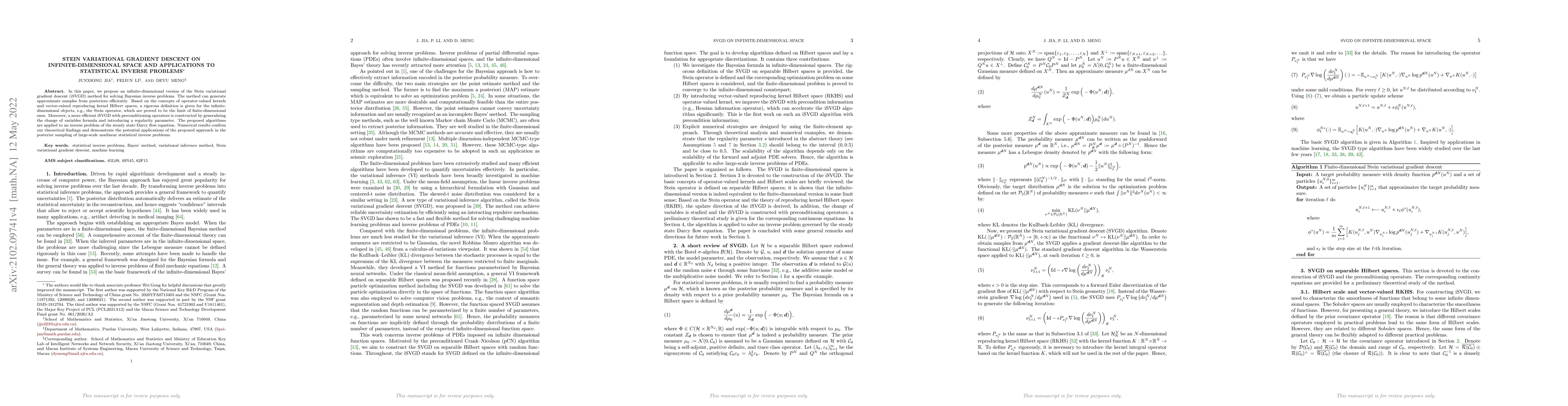 Thumbnail for Stein variational gradient descent on infinite-dimensional space and
  applications to statistical inverse problems