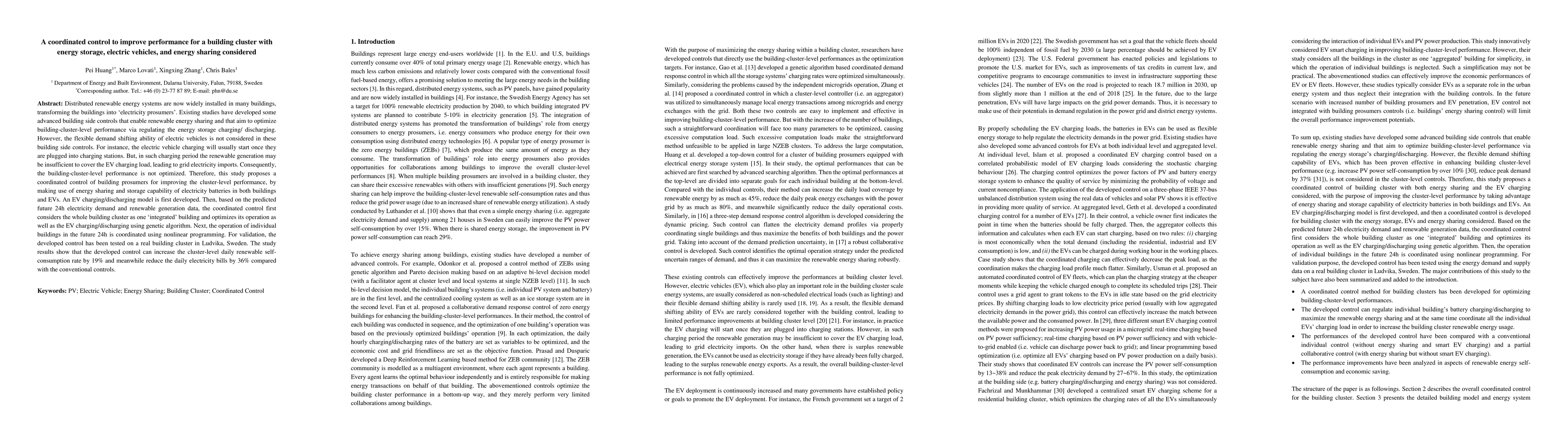 Thumbnail for A coordinated control to improve performance for a building cluster with
  energy storage, electric vehicles, and energy sharing considered