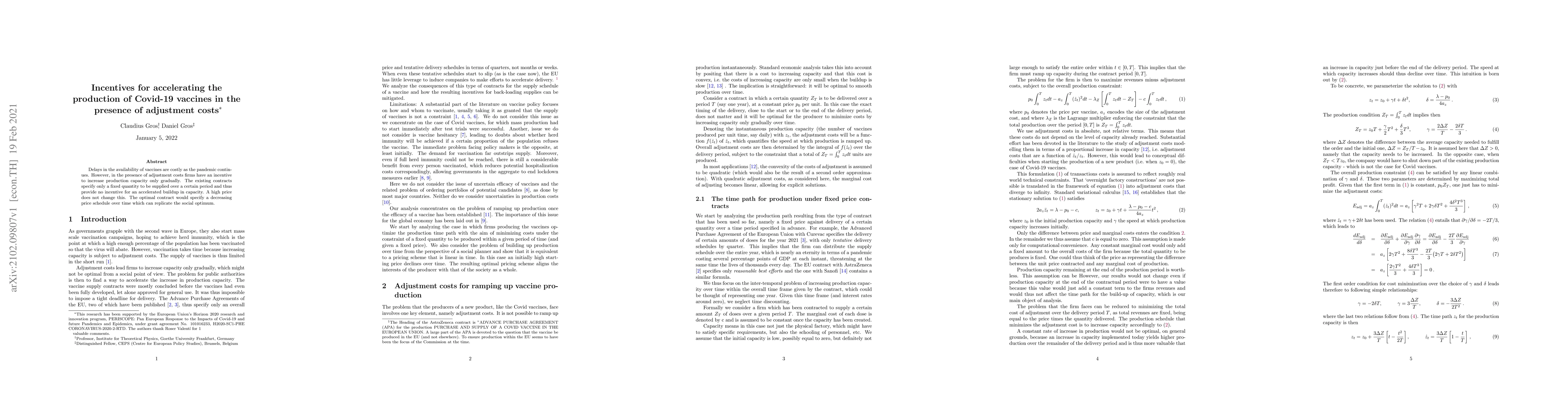 Thumbnail for Incentives for accelerating the production of Covid-19 vaccines in the
  presence of adjustment costs