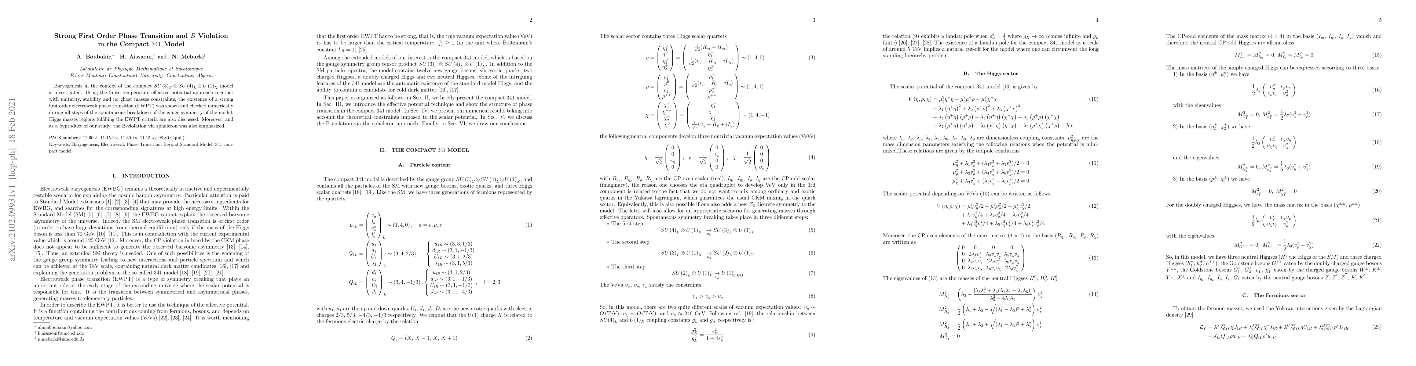 Thumbnail for Strong First Order Phase Transition and $B$ Violation in the Compact 341
  Model