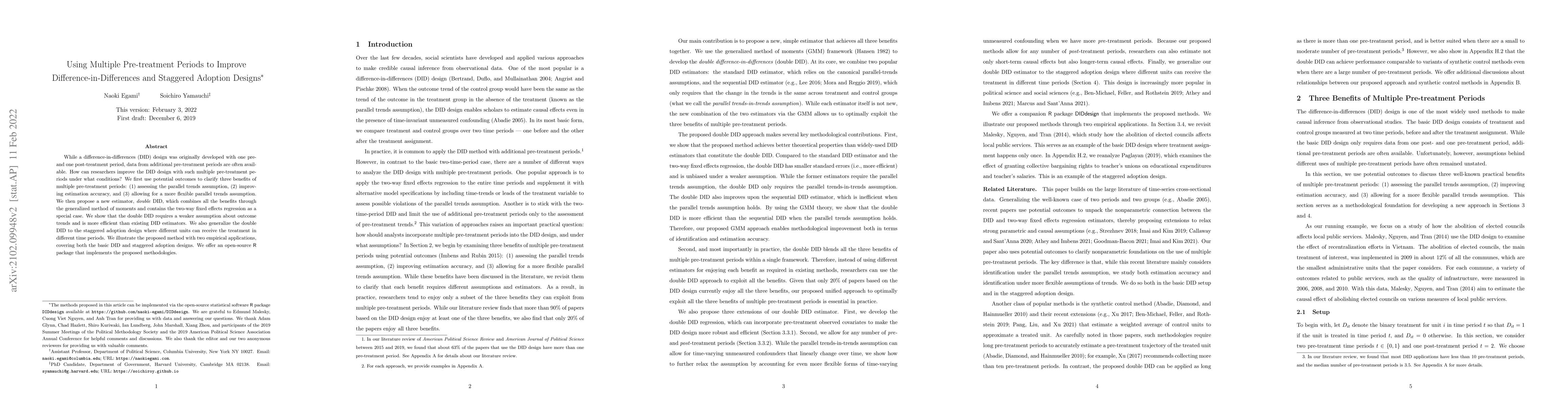 Thumbnail for Using Multiple Pre-treatment Periods to Improve
  Difference-in-Differences and Staggered Adoption Design