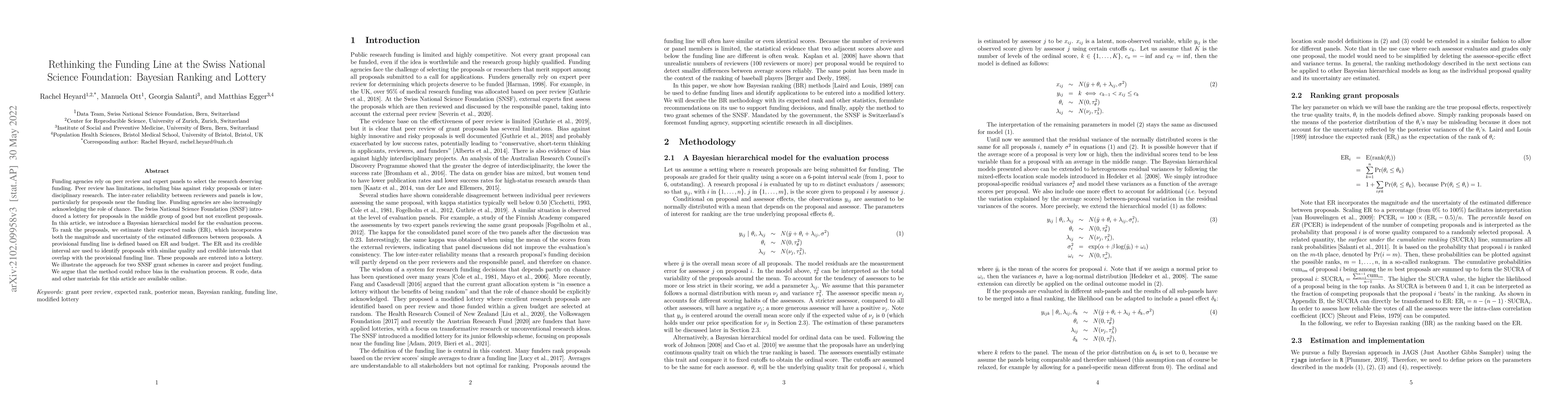 Thumbnail for Rethinking the Funding Line at the Swiss National Science Foundation:
  Bayesian Ranking and Lottery