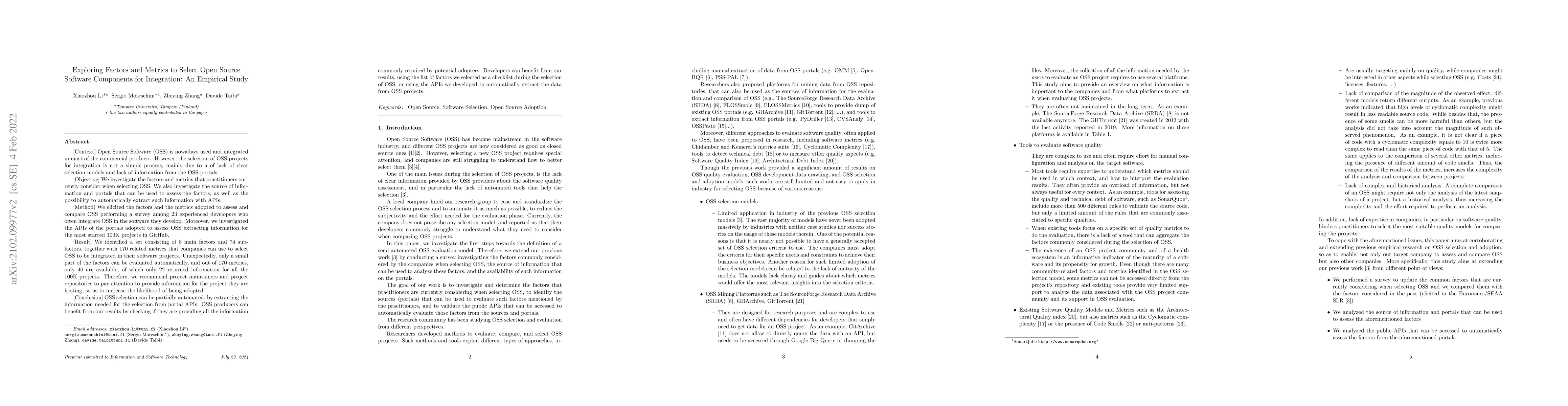 Thumbnail for Exploring Factors and Metrics to Select Open Source Software Components
  for Integration: An Empirical Study